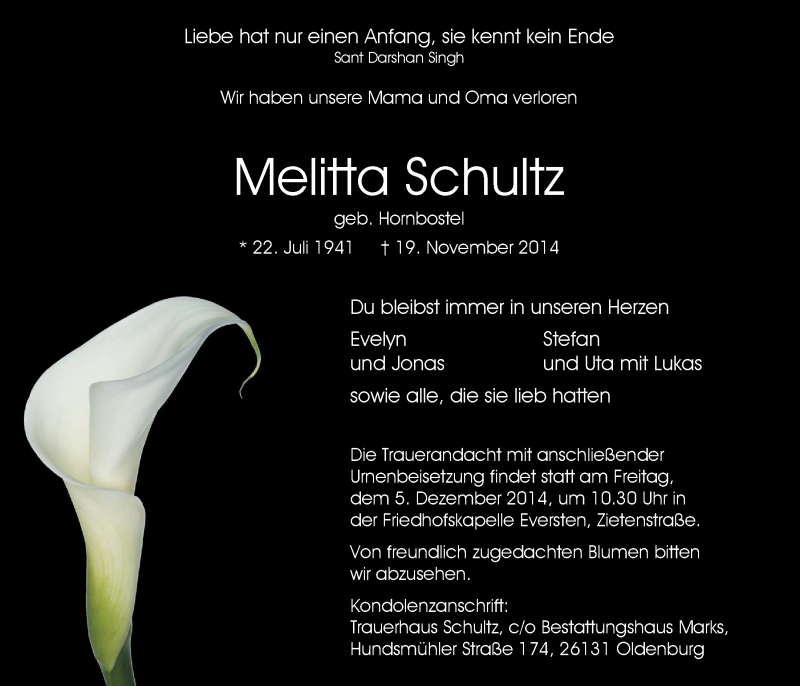  Traueranzeige für Melitta Schultz vom 29.11.2014 aus Nordwest-Zeitung