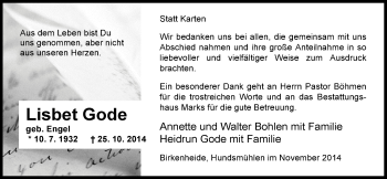 Traueranzeige von Lisbet Gode von Nordwest-Zeitung