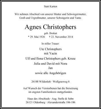 Traueranzeige von Agnes Christophers von Nordwest-Zeitung