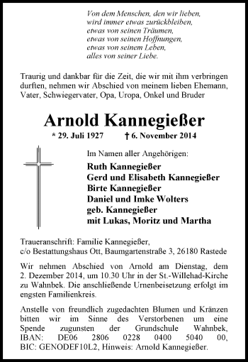 Traueranzeige von Arnold Kannegießer von Nordwest-Zeitung
