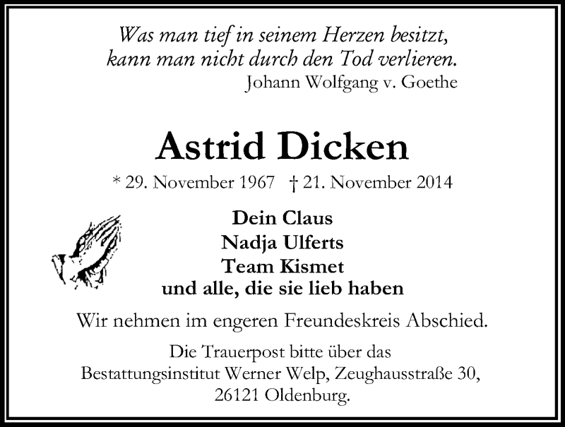  Traueranzeige für Astrid Dicken vom 29.11.2014 aus Nordwest-Zeitung
