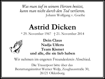 Traueranzeige von Astrid Dicken von Nordwest-Zeitung