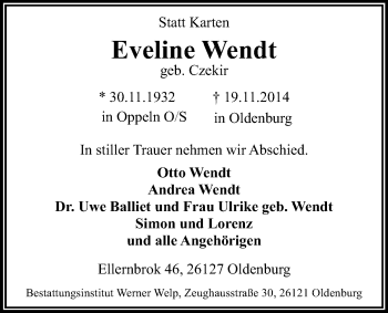 Traueranzeige von Eveline Wendt von Nordwest-Zeitung