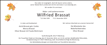 Traueranzeige von Wilfried Brassat von Nordwest-Zeitung