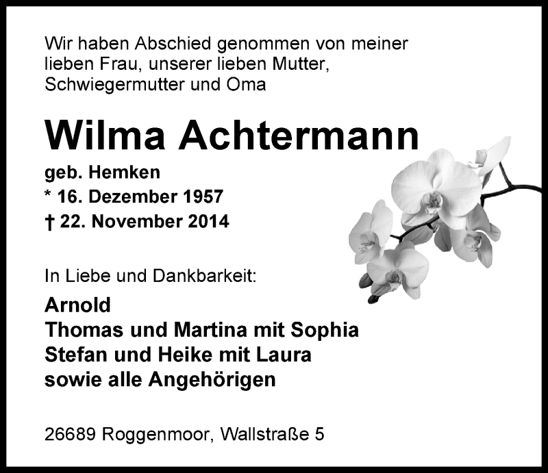  Traueranzeige für Wilma Achtermann vom 29.11.2014 aus Nordwest-Zeitung