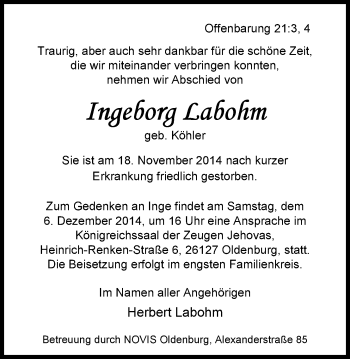 Traueranzeige von Ingeborg Labohm von Nordwest-Zeitung