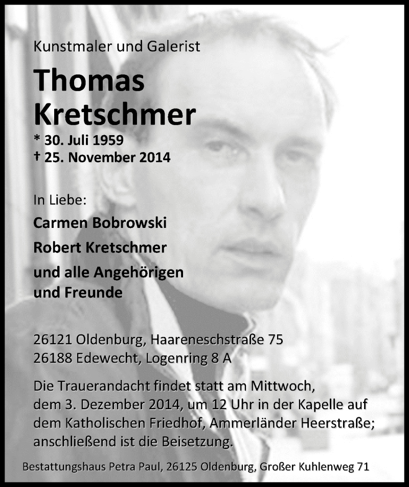  Traueranzeige für Thomas Kretschmer vom 29.11.2014 aus Nordwest-Zeitung