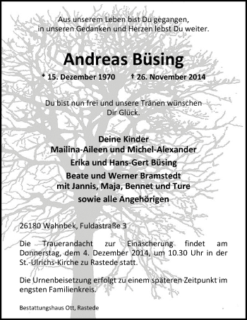 Traueranzeige von Andreas Büsing von Nordwest-Zeitung