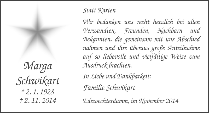  Traueranzeige für Marga Schwikart vom 29.11.2014 aus Nordwest-Zeitung
