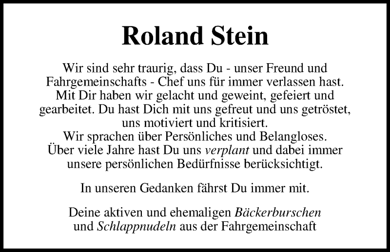  Traueranzeige für Roland Stein vom 29.11.2014 aus Nordwest-Zeitung