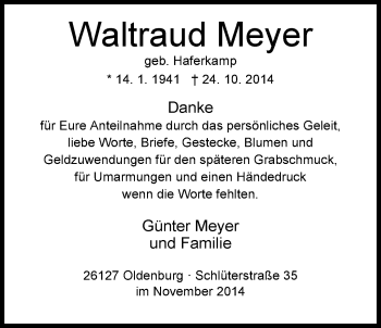 Traueranzeige von Waltraud Meyer von Nordwest-Zeitung