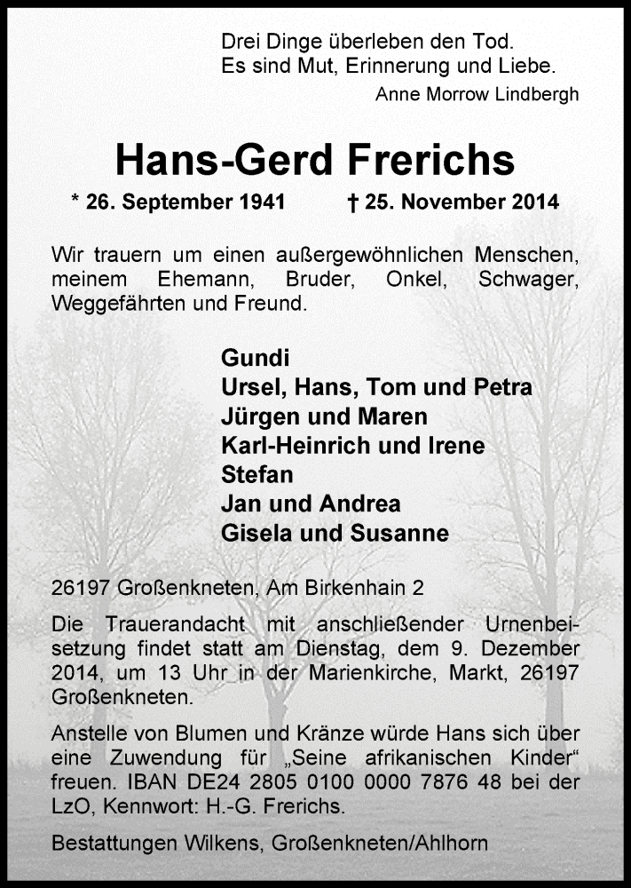  Traueranzeige für Hans-Gerd Frerichs vom 29.11.2014 aus Nordwest-Zeitung