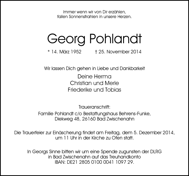  Traueranzeige für Georg Pohlandt vom 29.11.2014 aus Nordwest-Zeitung