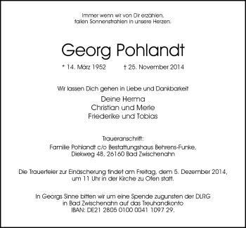 Traueranzeige von Georg Pohlandt von Nordwest-Zeitung