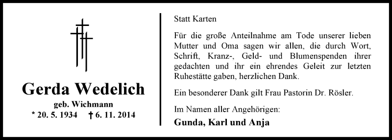  Traueranzeige für Gerda Wedelich vom 29.11.2014 aus Nordwest-Zeitung