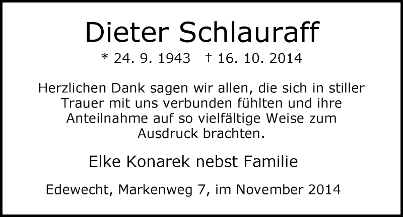  Traueranzeige für Dieter Schlauraff vom 01.12.2014 aus Nordwest-Zeitung