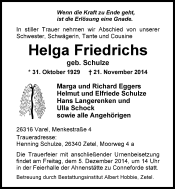 Traueranzeige von Helga Friedrichs von Nordwest-Zeitung