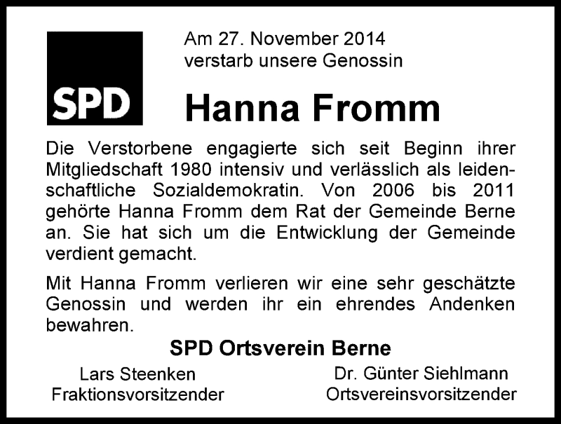  Traueranzeige für Hanna Fromm vom 02.12.2014 aus Nordwest-Zeitung