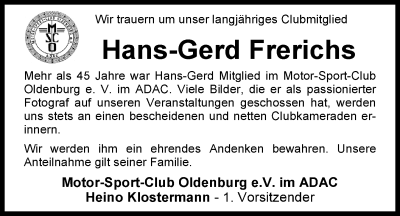  Traueranzeige für Hans-Gerd Frerichs vom 02.12.2014 aus Nordwest-Zeitung