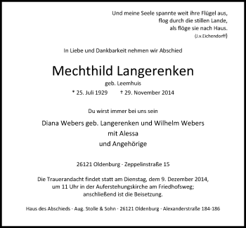 Traueranzeige von Mechthild Lengerenken von Nordwest-Zeitung