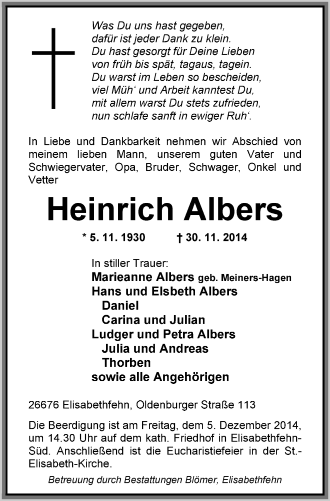  Traueranzeige für Heinrich Albers vom 02.12.2014 aus Nordwest-Zeitung