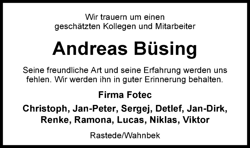  Traueranzeige für Andreas Büsing vom 02.12.2014 aus Nordwest-Zeitung