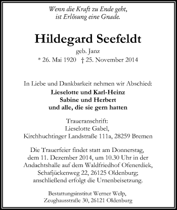 Traueranzeige von Hildegard Seefeldt von Nordwest-Zeitung
