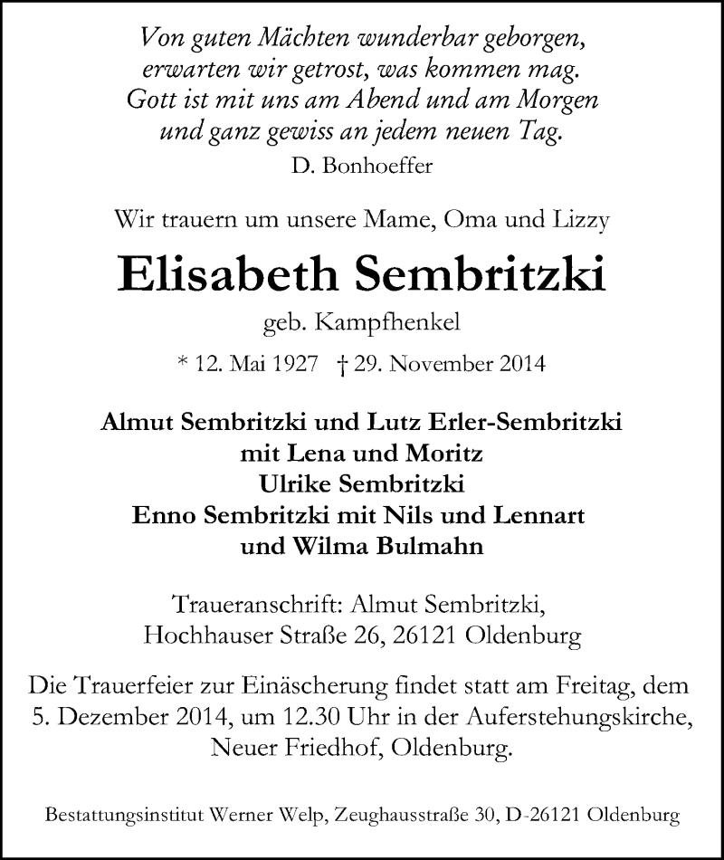  Traueranzeige für Elisabeth Sembritzki vom 02.12.2014 aus Nordwest-Zeitung