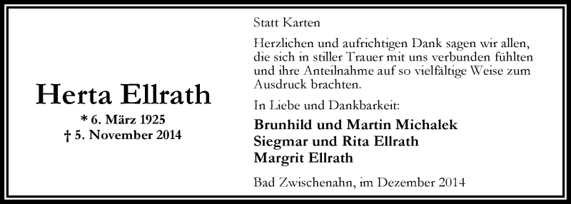  Traueranzeige für Herta Ellrath vom 16.12.2014 aus Nordwest-Zeitung