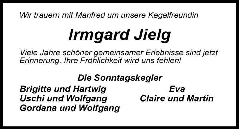  Traueranzeige für Irmgard Jielg vom 03.12.2014 aus Nordwest-Zeitung