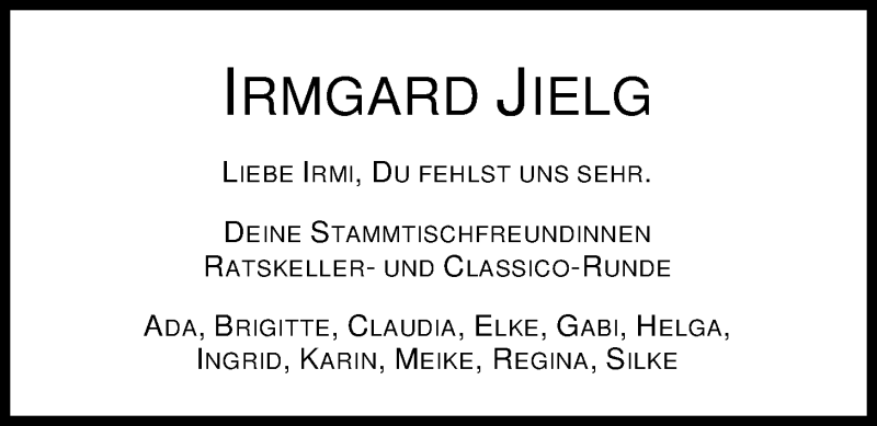  Traueranzeige für Irmgard Jielg vom 03.12.2014 aus Nordwest-Zeitung