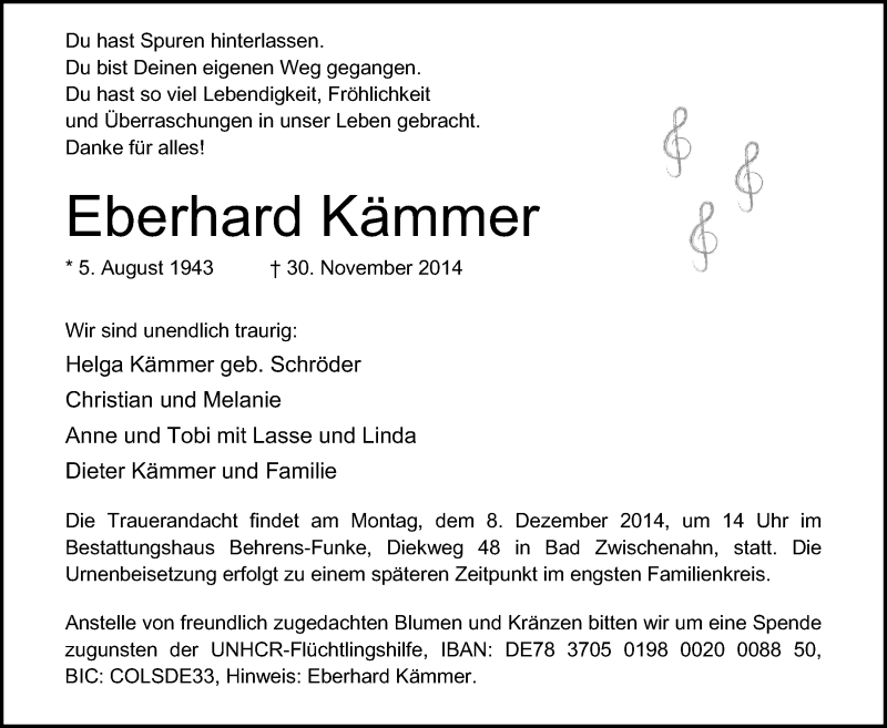  Traueranzeige für Eberhard Kämmer vom 03.12.2014 aus Nordwest-Zeitung