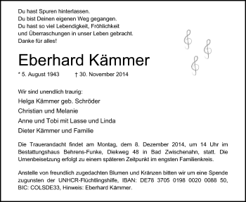 Traueranzeige von Eberhard Kämmer von Nordwest-Zeitung
