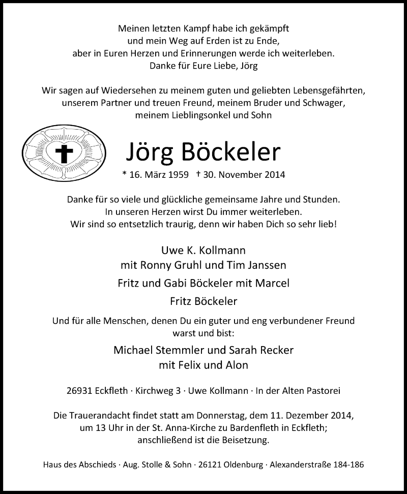  Traueranzeige für Jörg Böckeler vom 04.12.2014 aus Nordwest-Zeitung