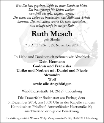 Traueranzeige von Ruth Mesch von Nordwest-Zeitung