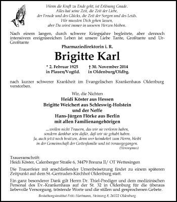 Traueranzeige von Brigitte Karl von Nordwest-Zeitung