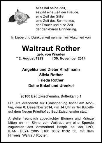Traueranzeige von Waltraut Rother von Nordwest-Zeitung