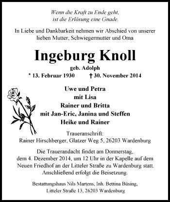 Traueranzeige von Ingeburg Knoll von Nordwest-Zeitung
