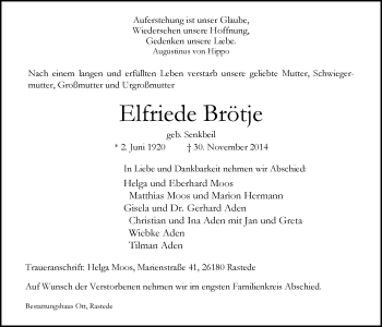 Traueranzeige von Elfriede Brötje von Nordwest-Zeitung