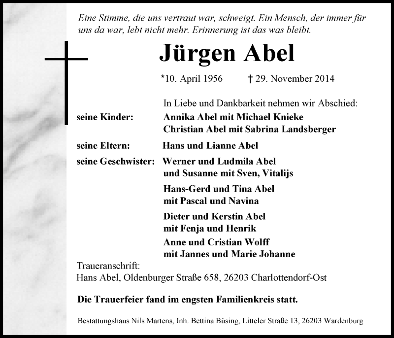  Traueranzeige für Jürgen Abel vom 09.12.2014 aus Nordwest-Zeitung