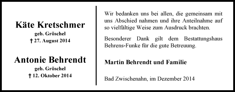  Traueranzeige für Käte Kretschmer vom 06.12.2014 aus Nordwest-Zeitung