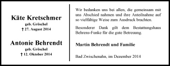Traueranzeige von Käte Kretschmer von Nordwest-Zeitung
