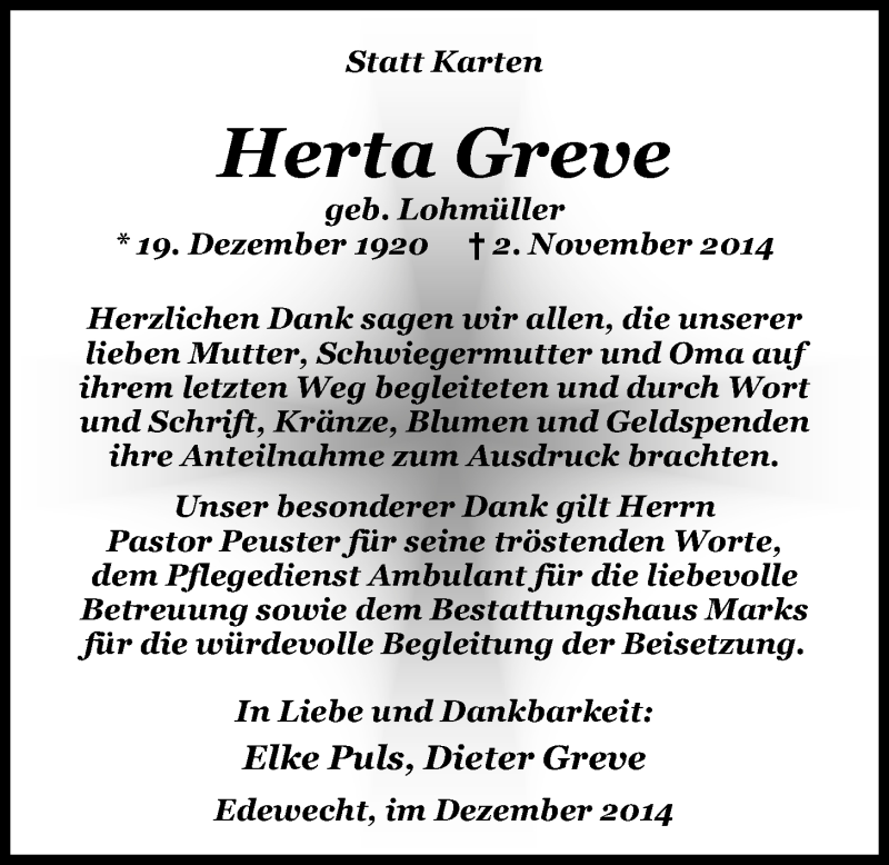  Traueranzeige für Herta Greve vom 06.12.2014 aus Nordwest-Zeitung