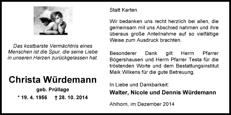  Traueranzeige für Christa Würdemann vom 05.12.2014 aus Nordwest-Zeitung