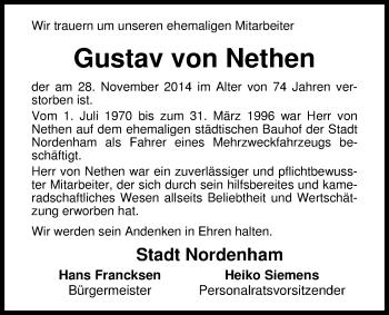 Traueranzeige von Gustav von Nethen von Nordwest-Zeitung