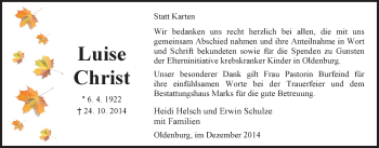 Traueranzeige von Luise Christ von Nordwest-Zeitung