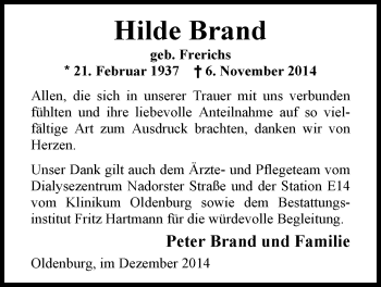 Traueranzeige von Hilde Brand von Nordwest-Zeitung
