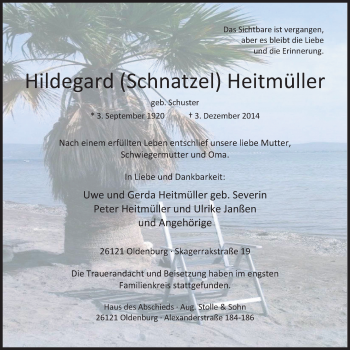 Traueranzeige von Hildegard Heitmüller von Nordwest-Zeitung