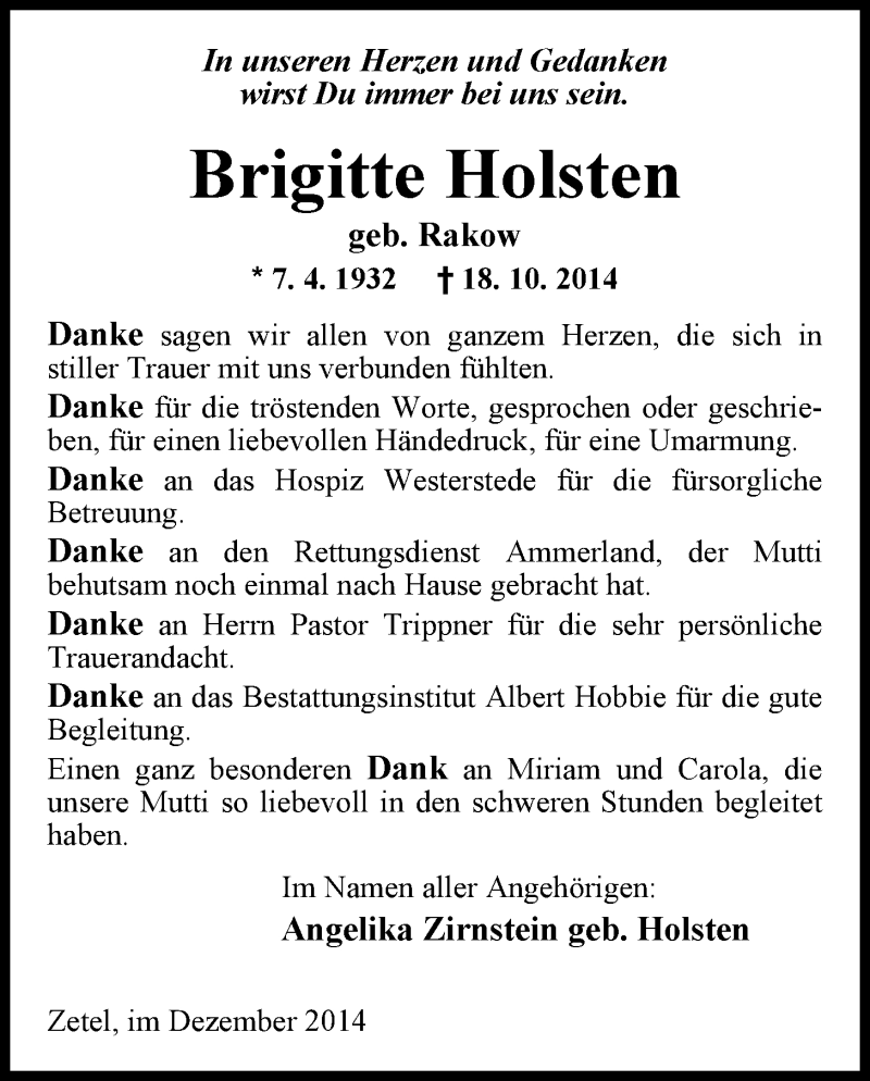  Traueranzeige für Brigitte Holsten vom 06.12.2014 aus Nordwest-Zeitung