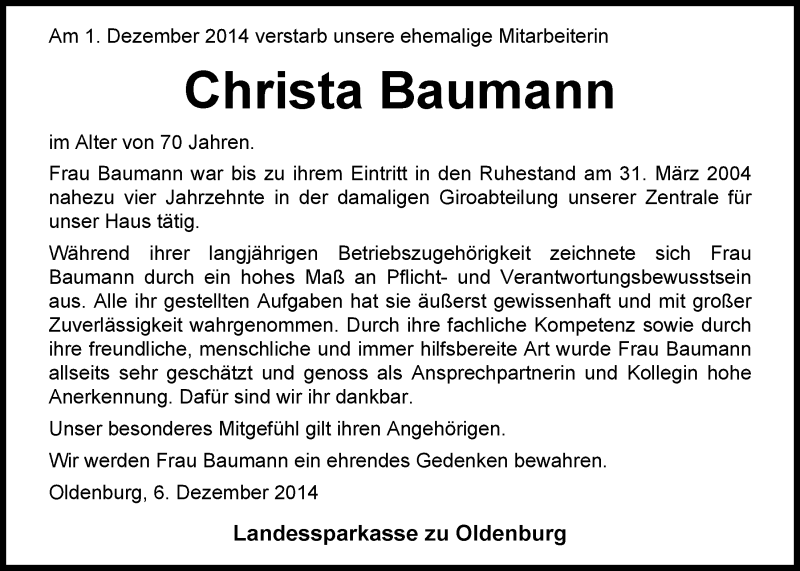  Traueranzeige für Christa Baumann vom 06.12.2014 aus Nordwest-Zeitung